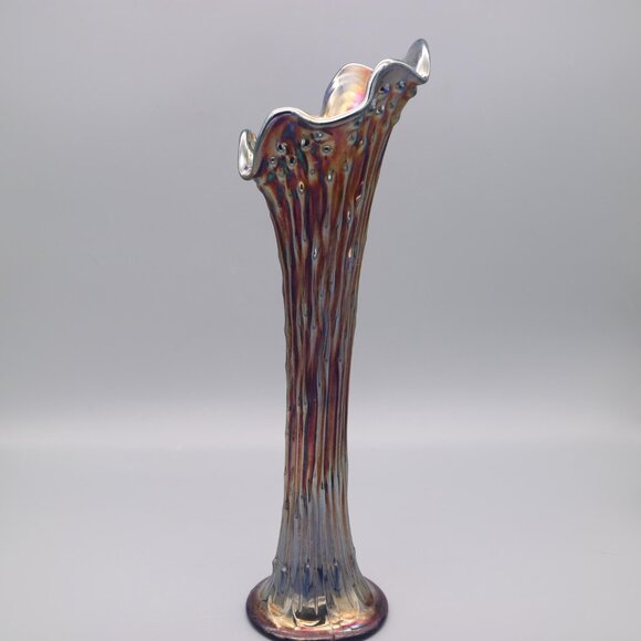 Fenton Carnival Glass 13" Flower Swung Vase Iridescent Blue April Showers - Picture 4 of 8